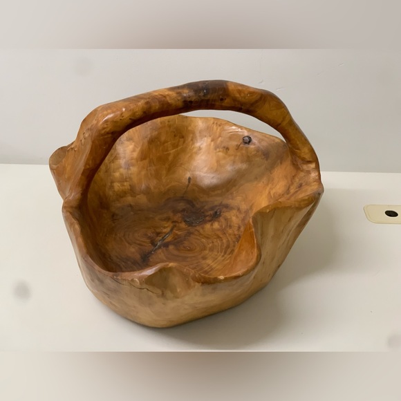 Mid Century Vtg Artisan Hand Carved Solid Tree Burl Wooden Fruit Bowl Basket - Picture 4 of 16